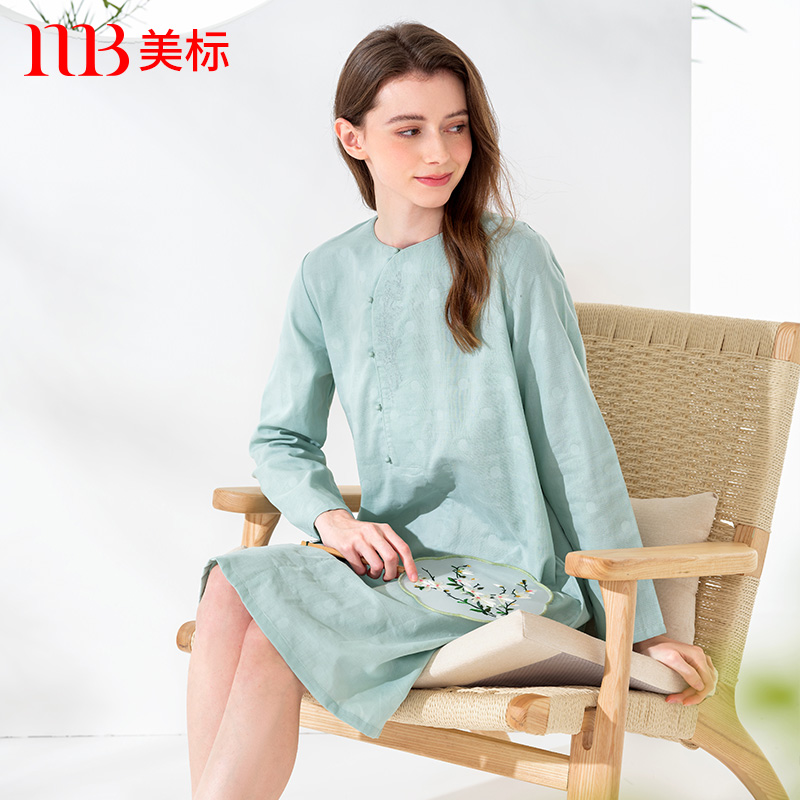 美标女双层棉纱长袖纯棉睡裙