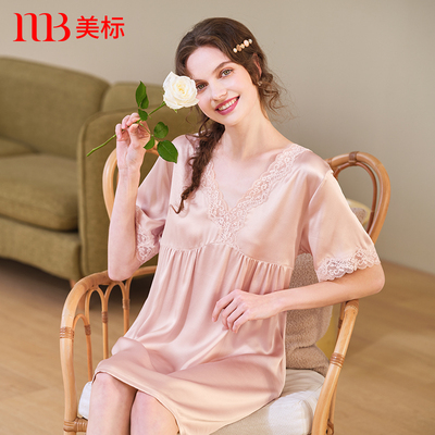 美标蕾丝性感真丝短袖睡裙女夏