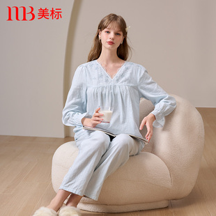 美标新款 冬 长袖 纯棉睡衣双层棉纱女春秋宫廷风甜美全棉家居服套装