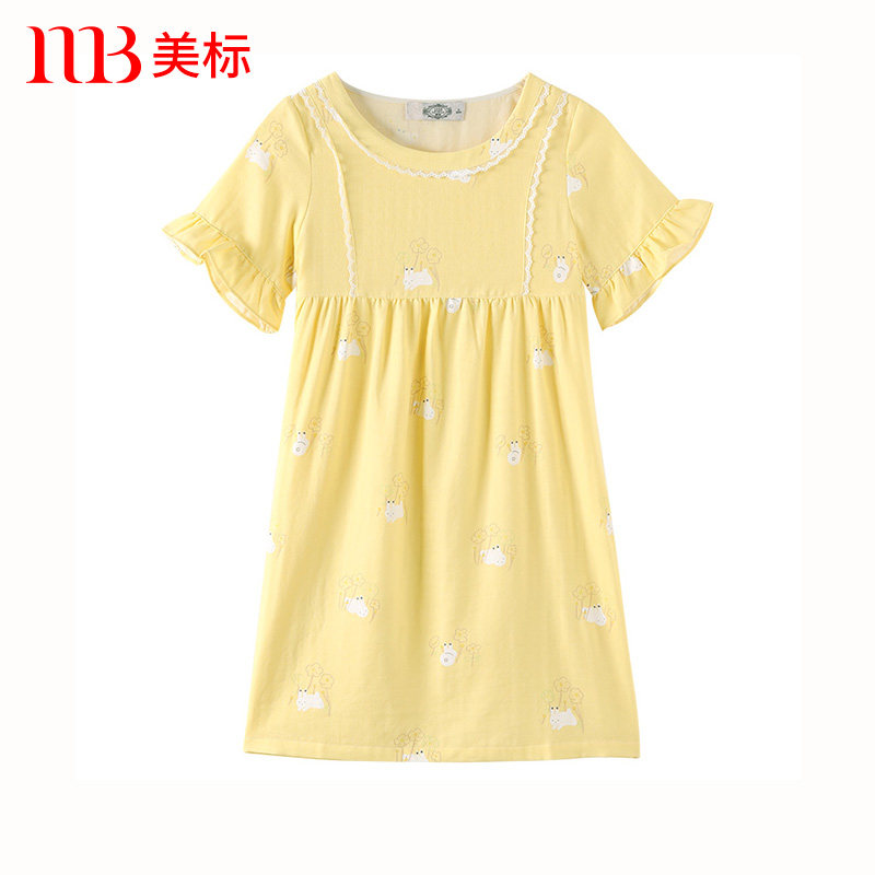 美标短袖儿童纯棉梭织棉纱睡裙女童春夏卡通可爱睡衣全棉质家居服