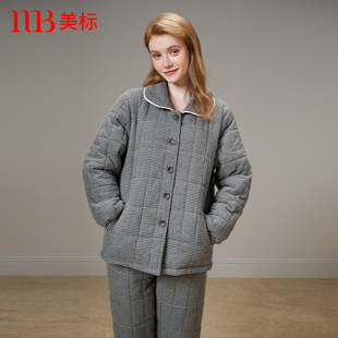 美标秋冬女士三层加厚夹棉全棉睡衣格子可外穿棉袄纯棉家居服套装