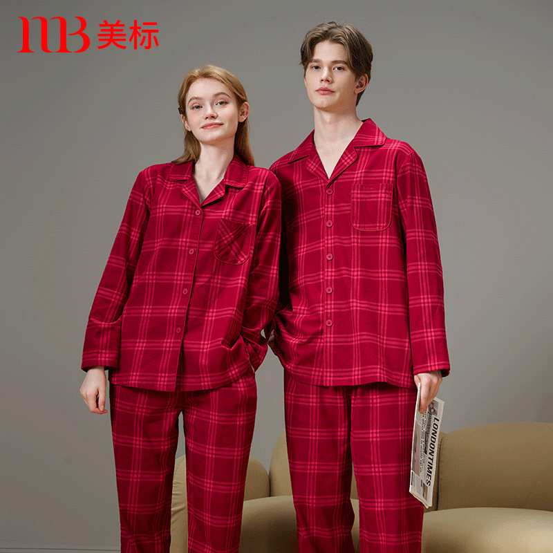 美标新款情侣长袖纯棉睡衣套装女春秋本命年红色全棉格子家居服男