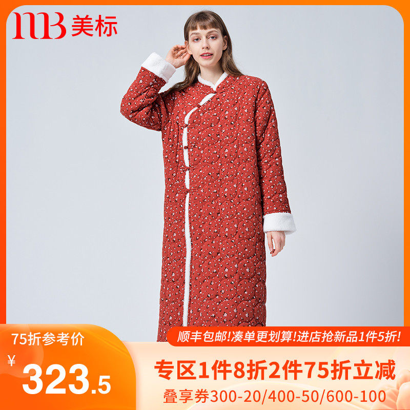 美标纯棉睡袍女秋冬三层加厚夹棉睡衣浴袍复古中国风全棉质家居服