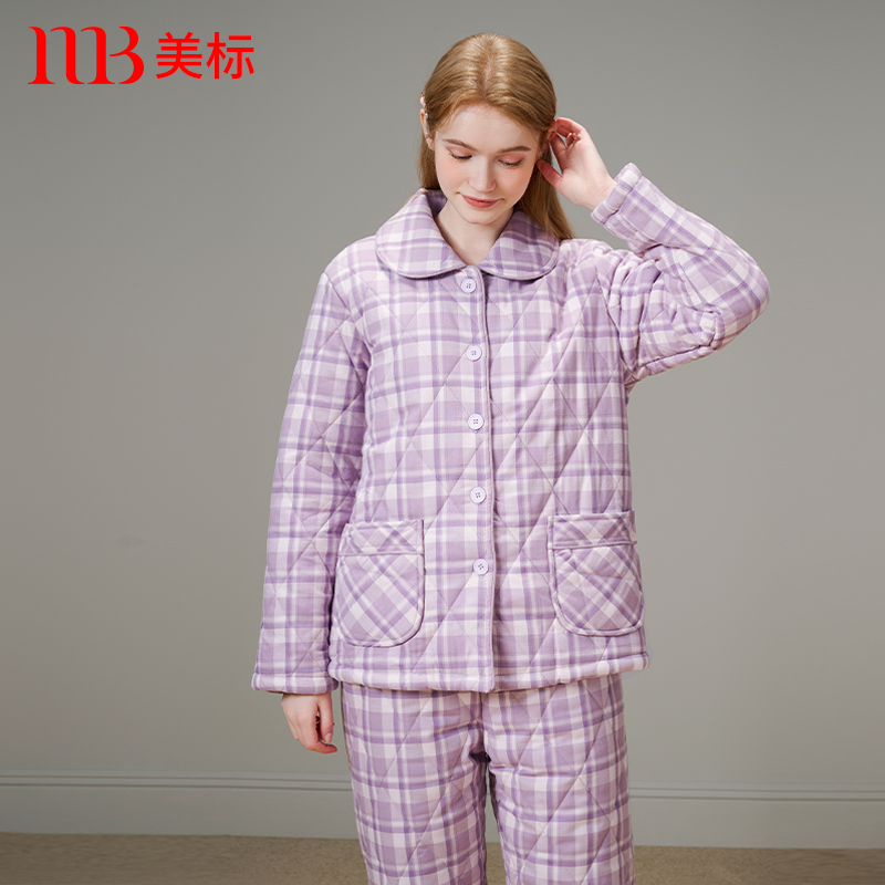 美标女三层加厚保暖夹棉纯棉睡衣