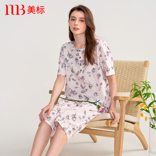 全棉休闲家居服 美标新款 短袖 梭织纯棉睡衣套装 女春夏水墨印花薄款