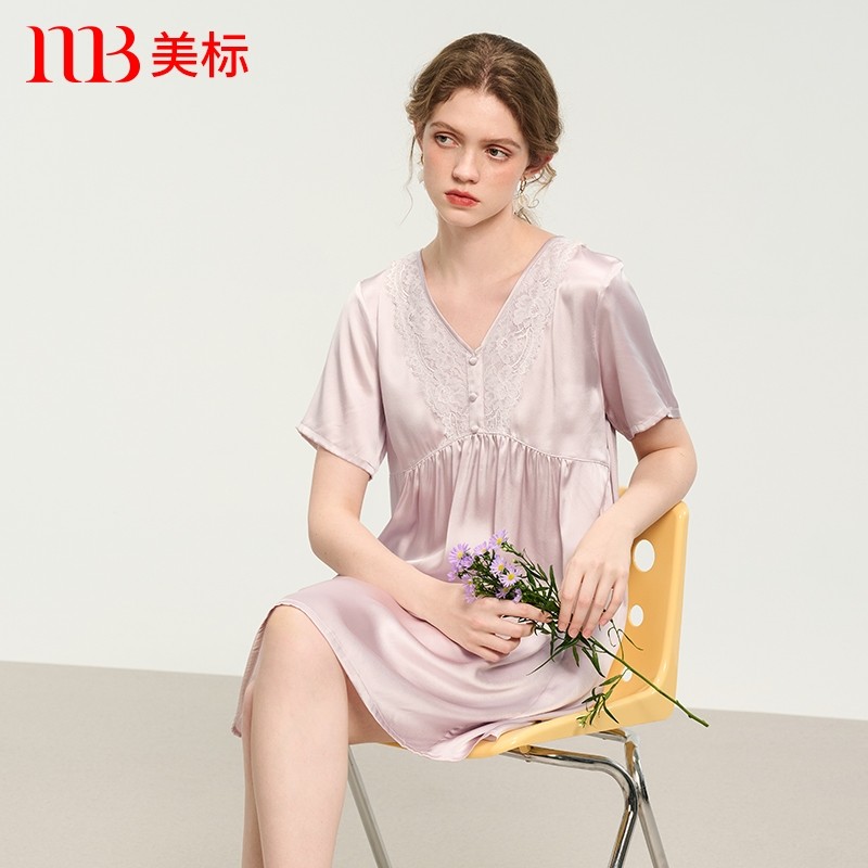 美标女士桑蚕丝短袖睡裙图片