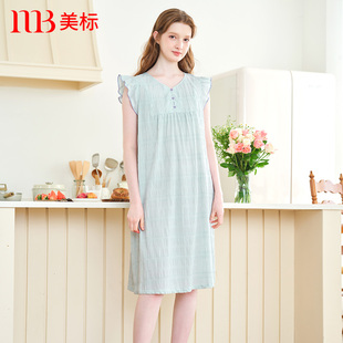 睡裙纯棉睡衣女士春夏花边可外穿家居服无袖 美标梭织提花全棉飞袖