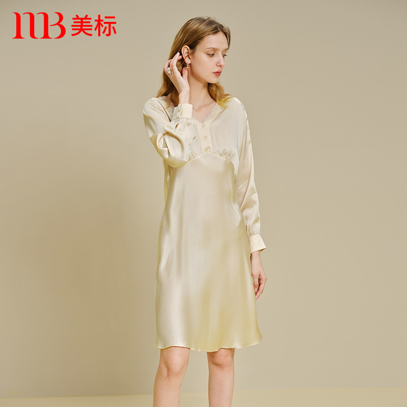 美标100%桑蚕丝优雅知性长袖睡裙图片