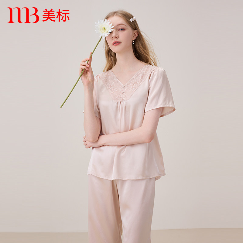 美标短袖七分裤19姆米真丝睡衣套装女夏100%桑蚕丝绸蕾丝家居套头