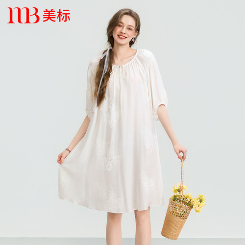 美标粘纤混纺重工绣花睡裙夏季