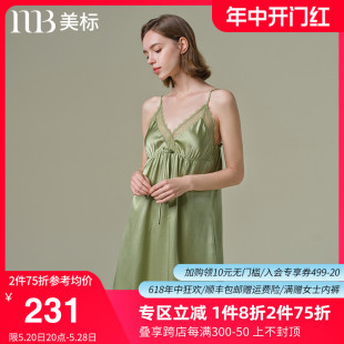 美标吊带真丝睡裙女春夏100%桑蚕丝睡衣蕾丝V领丝绸可外穿家居服