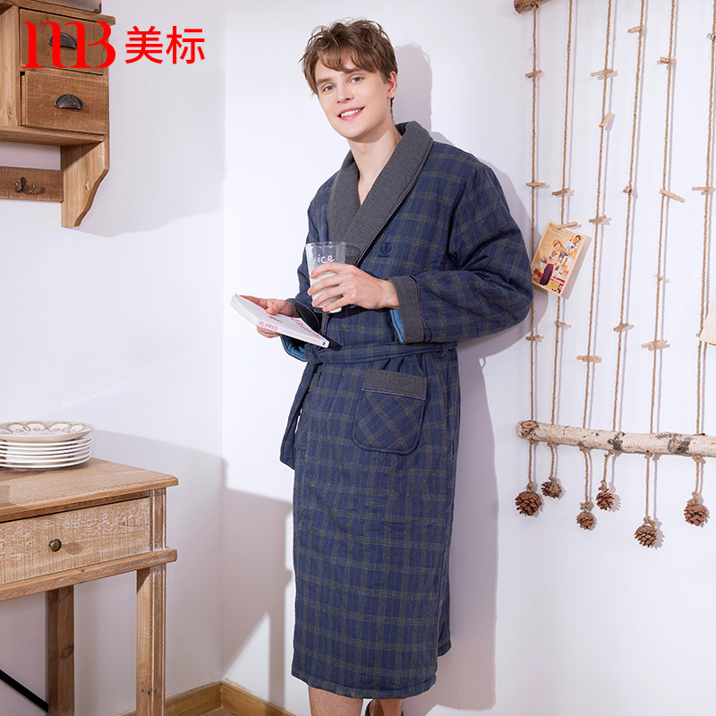美标秋冬男士三层加厚夹棉睡衣纯棉睡袍浴袍全棉质休闲格子家居服