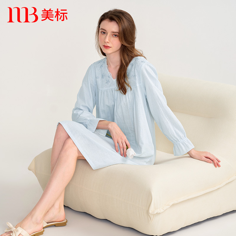 美标长袖纯棉睡裙女双层棉纱睡衣