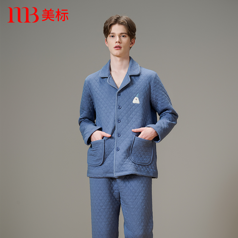 美标男夹层睡衣套装秋冬三层加厚