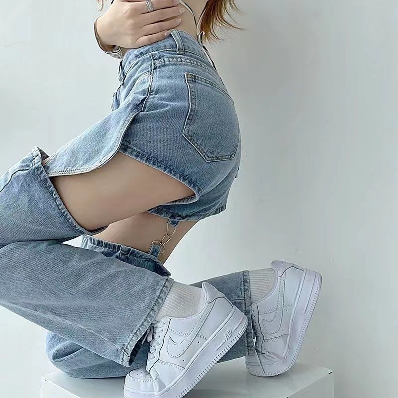 假两件破洞牛仔裤女高腰直筒可拆卸辣妹裤子小众设计感夏季薄款