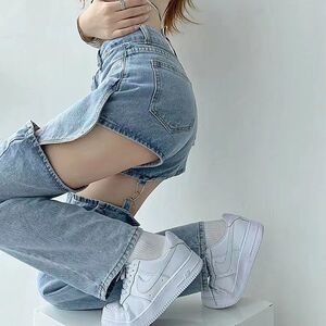 假两件破洞牛仔裤女高腰直筒可拆卸辣妹裤子小众设计感夏季薄款