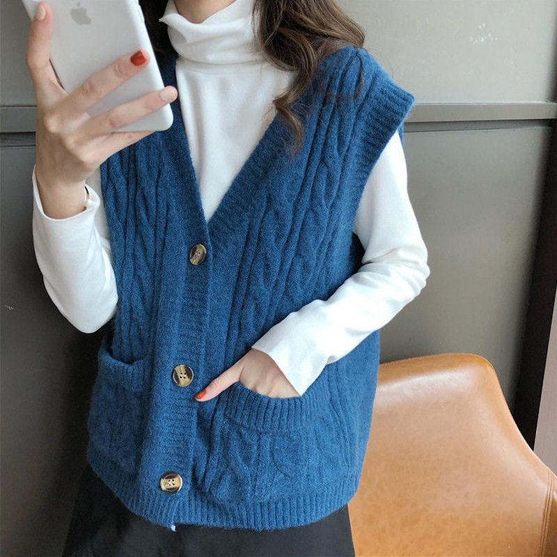 V领坎肩毛衣韩版针织外套秋季冬新款背心马甲女洋气网红马夹开衫