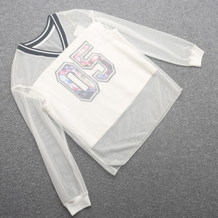 防晒薄款 兰米特卖长袖 宽松大码 镂空百搭上衣假两件 T恤女夏季