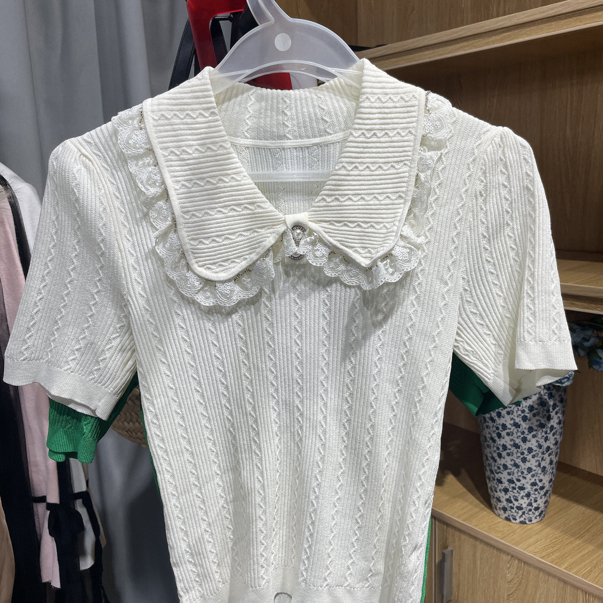 [五]兰米特卖女夏装少女感娃娃领针织衫女短袖修身气质上衣