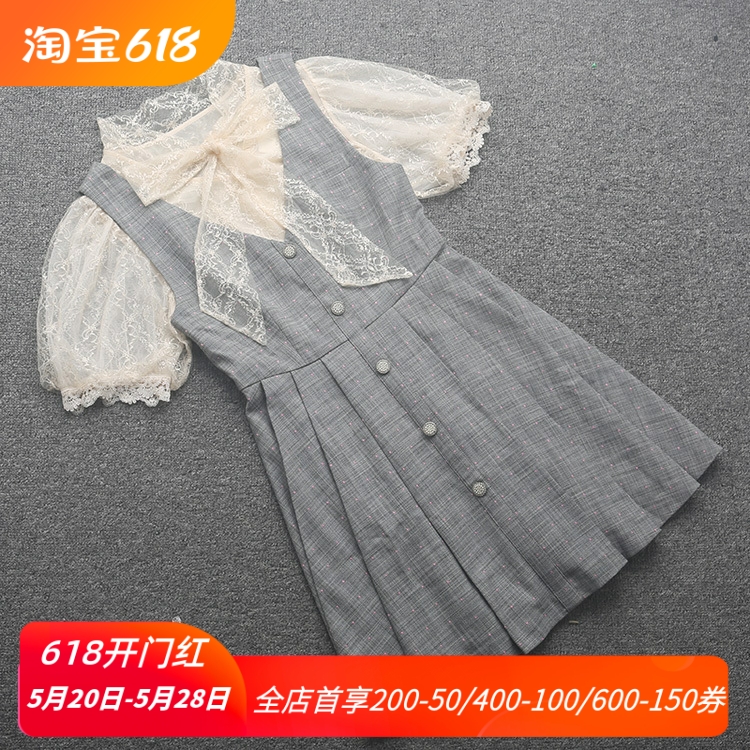 [五4.2夏季新款女装套装短袖蕾丝蝴蝶结领收腰显瘦连衣裙