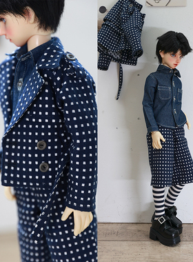 CrossChurch2025春娃衣4分深蓝色印花短风衣套装牛仔衬衫大四尺寸