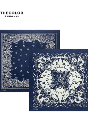 THECOLOR BANDANA美式复古头巾纯棉蓝色嘻哈方巾机车面巾街舞围巾