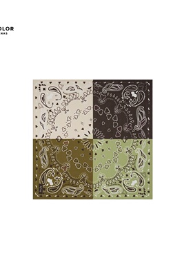 THECOLOR复古佩斯利花纹方巾绿色腰果花丝巾女高级感拼色围巾头巾