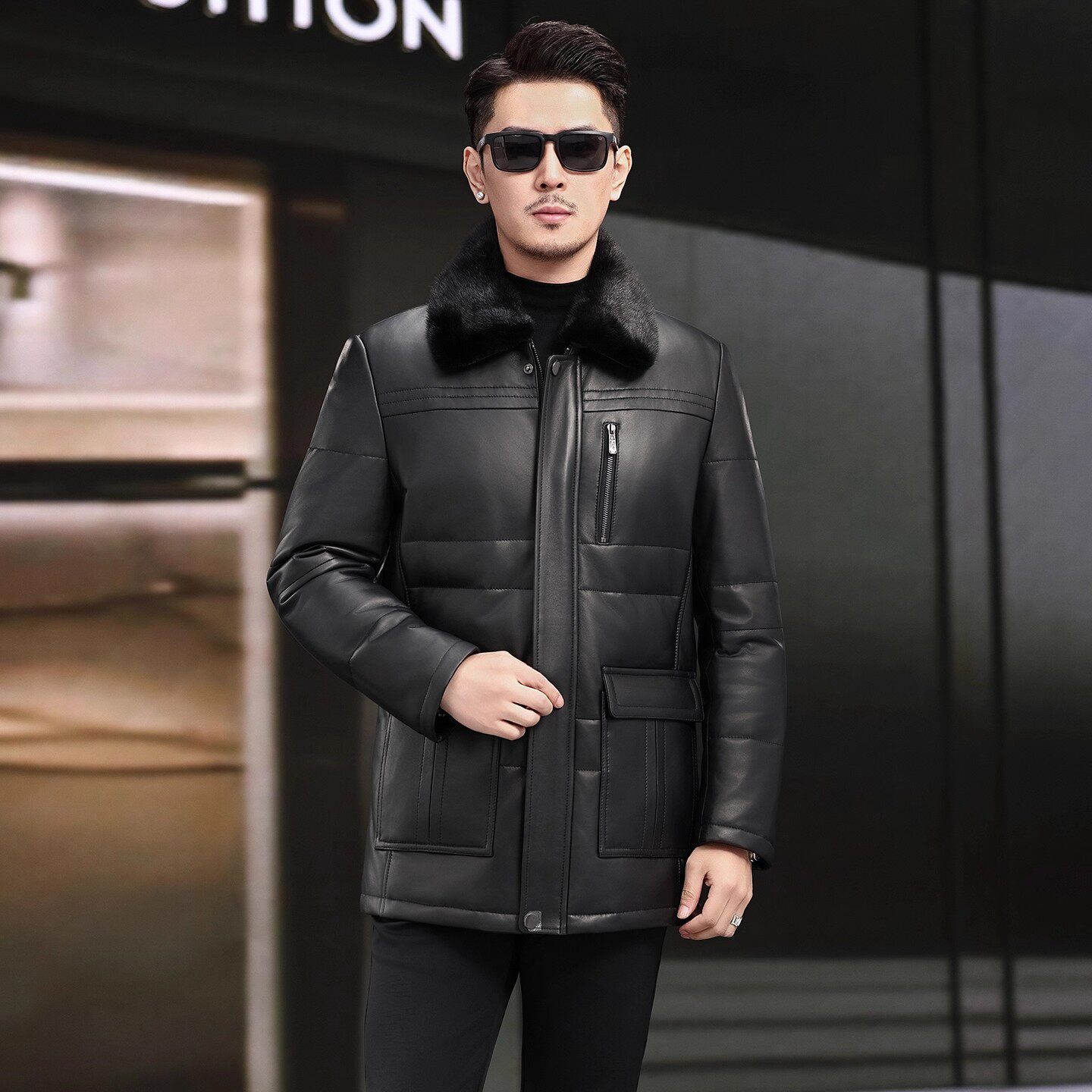 冬季海宁真皮羽绒服男中长款绵羊皮衣爸爸装中老年皮夹克加厚外套
