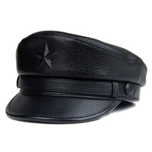 韩版 保暖牛皮帽子中老年户外五角星真皮平顶海军帽 皮帽子男秋冬季