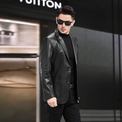 秋季新款鳄鱼纹真皮皮衣男头层绵羊皮商务休闲西装皮夹克西服外套