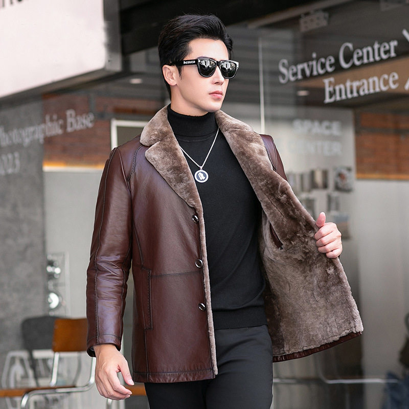 冬季新款真皮皮衣男中长款皮毛一体羊毛内胆皮夹克保暖爸爸装