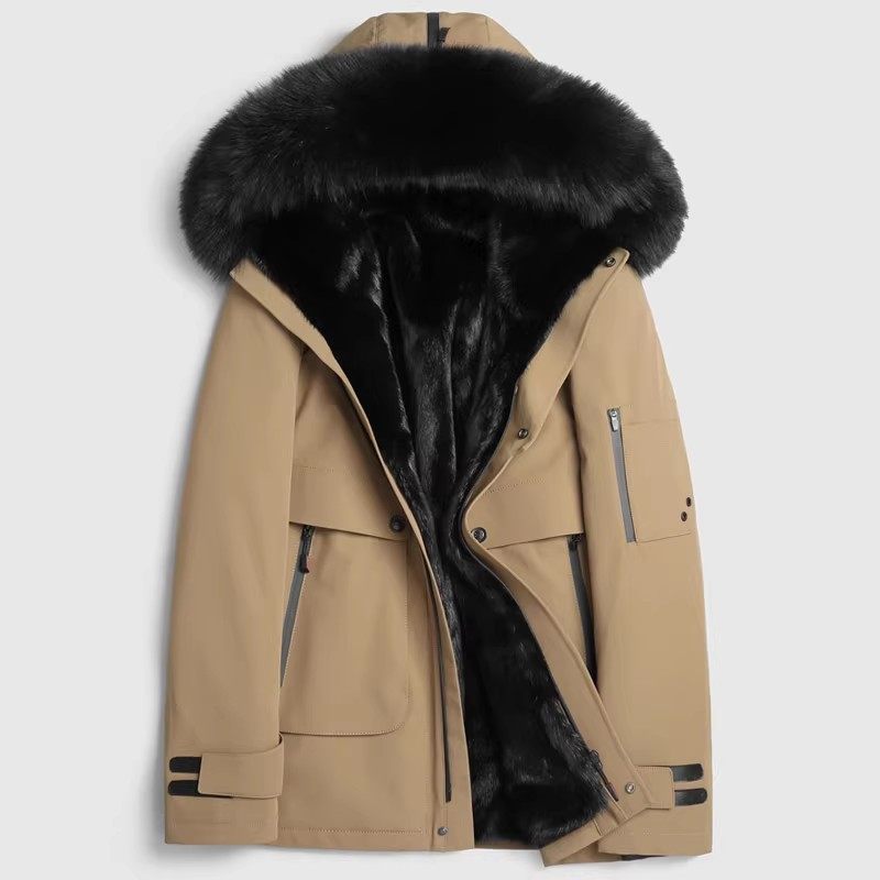 新款水貂内胆皮毛一体派克服男皮草貂皮大衣短款整貂皮外套尼