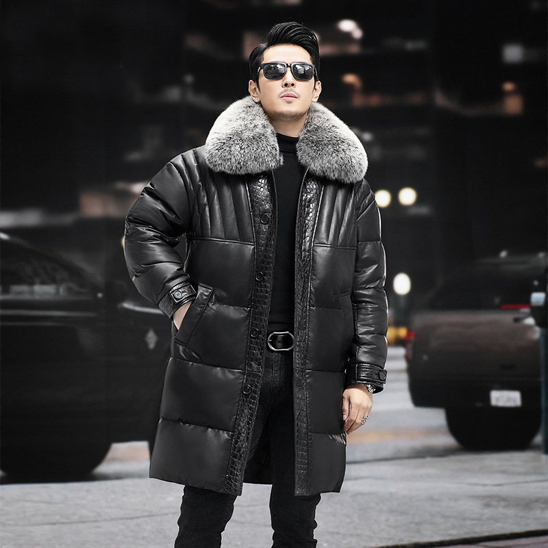 新款海宁真皮皮衣男长款羽绒服鳄鱼纹绵羊皮狐狸毛领鹅绒加厚
