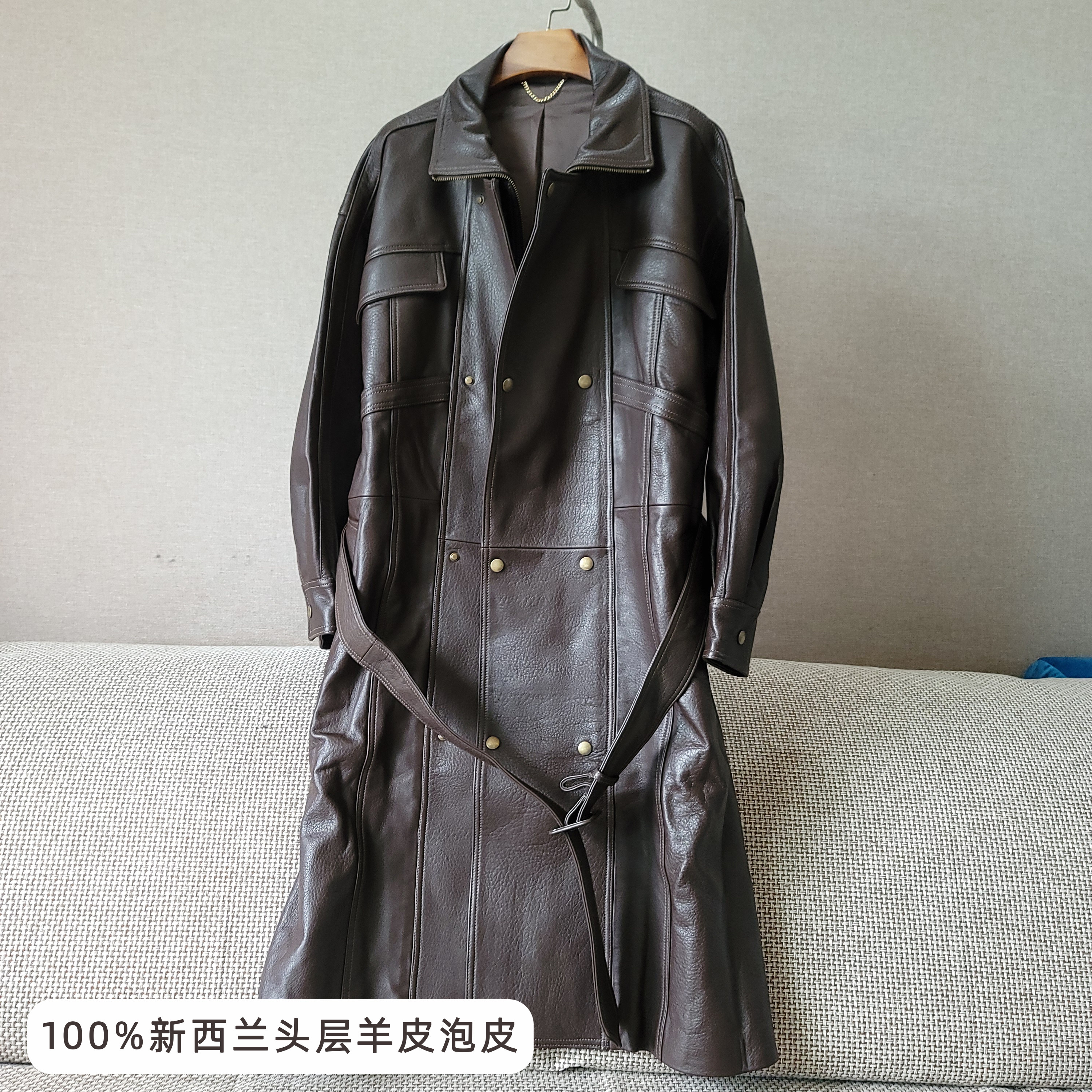 重磅高品质真皮阔版大衣女进口新西兰泡皮羊皮中长款宽松系带外套