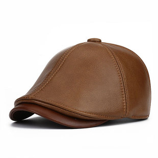 头层牛皮前进帽秋冬季 保暖防寒真皮棒球帽中老年休闲鸭舌帽子 男士