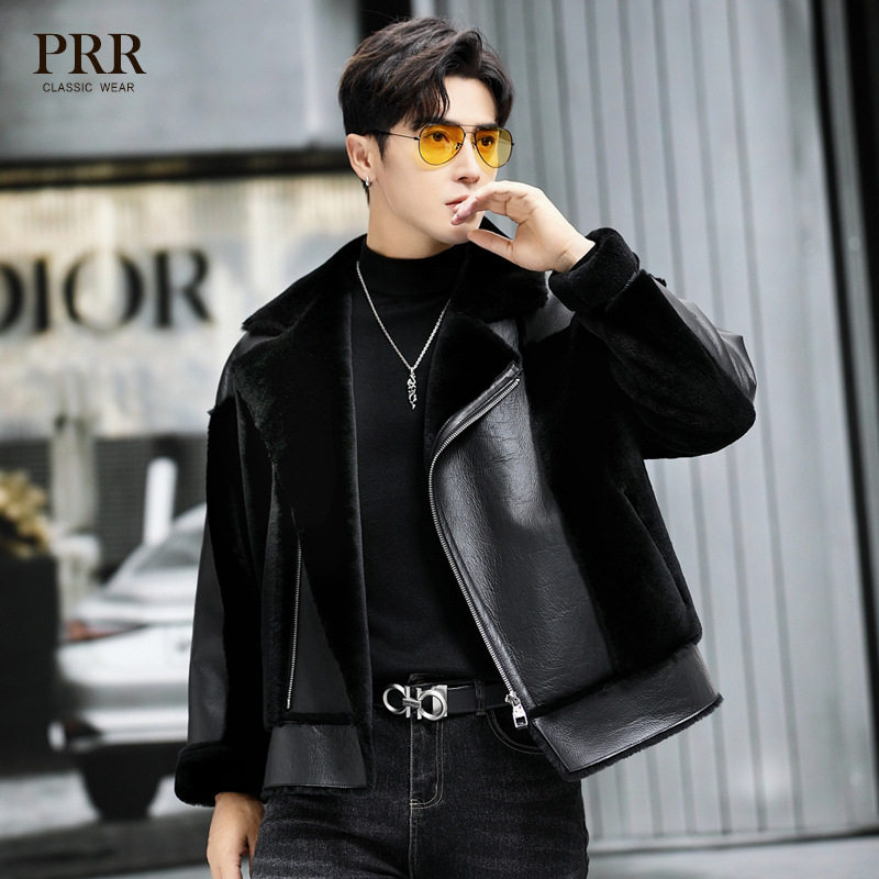 原生态皮毛一体男真皮皮衣冬季新款短款宽松机车夹克羊毛皮草