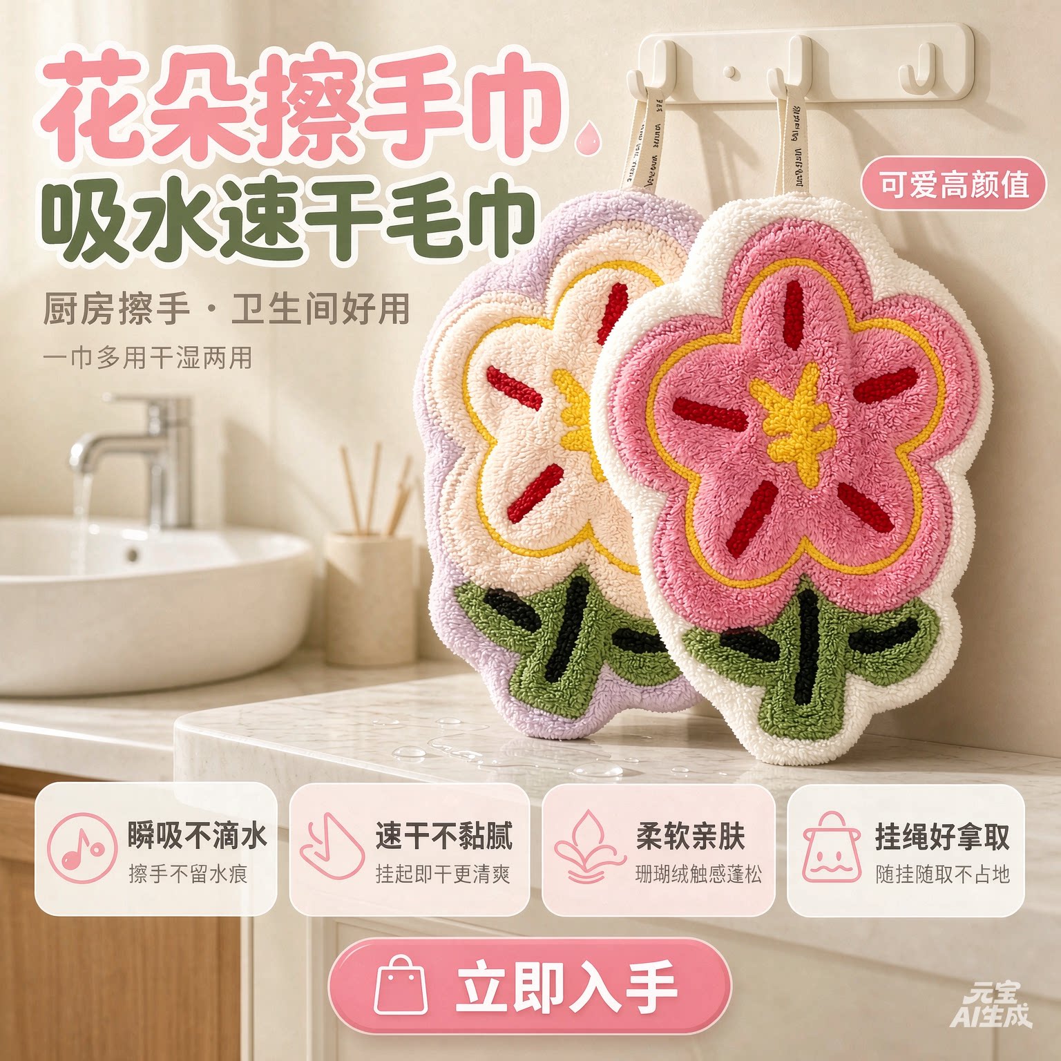挂式厨房擦手巾 卫生间吸水速干毛巾 浴室不易掉毛抹布