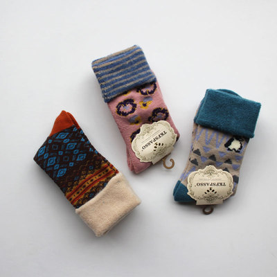 2双 秋冬拉毛圈底中帮毛巾袜翻口女袜子加厚堆堆袜纯棉保暖短靴袜