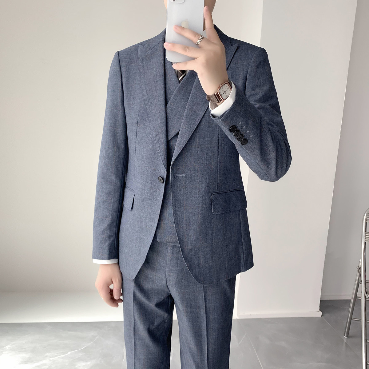 领子马甲西服套装挺括顺滑修身绅士经典细格西装套装XZ840/P310,男装西服套装,电商A428