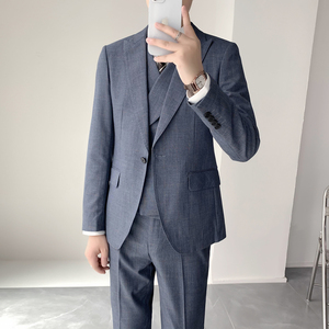 领子马甲西服套装 挺括顺滑修身绅士经典细格西装套装XZ840/P310图片