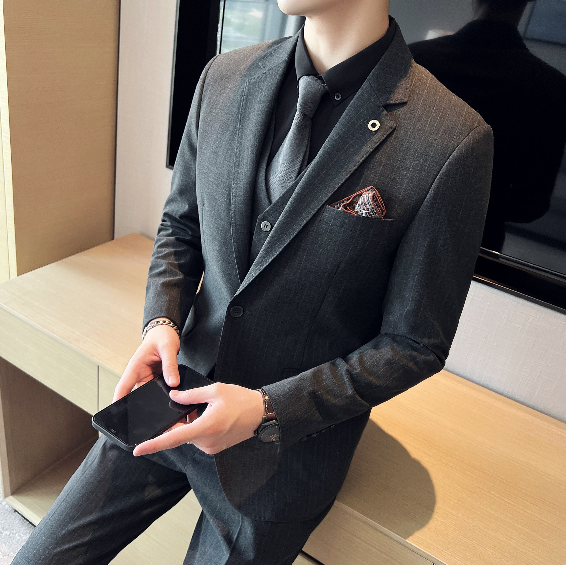 男士单扣西服套装竖条纹弹力面料西服新郎套装SJT003/P310,男装西服套装,电商A428