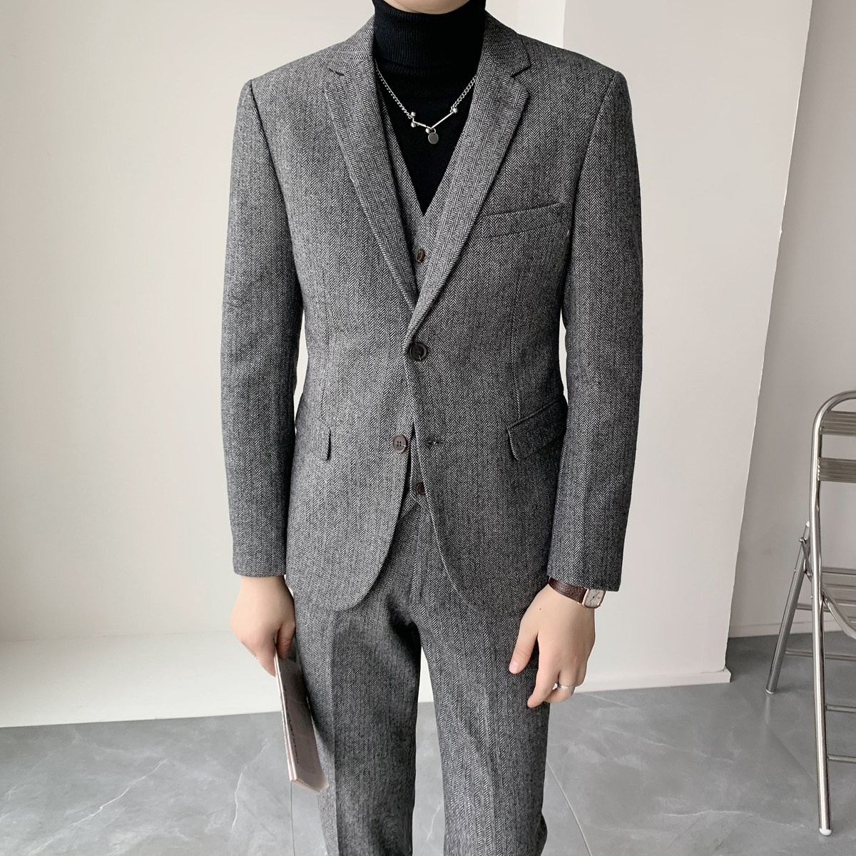 御寒挺括西装男士羊毛人字斜面料修身双扣西服套装XZ166/P310,男装西服套装,电商A428