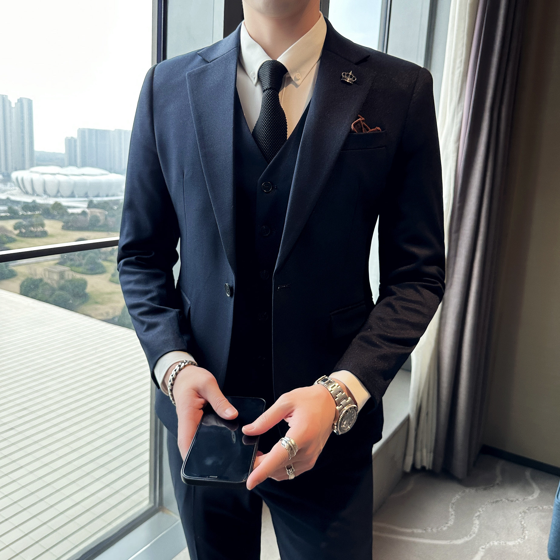 修身双扣西服套装两色弹力面料西服职业上班套装A8907/P285,男装西服套装,电商A428