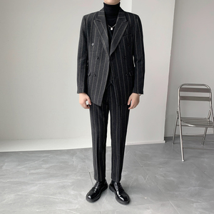 男士羊毛加厚修身双排扣西服套装  复古条纹西装套装 XZ505/P290图片
