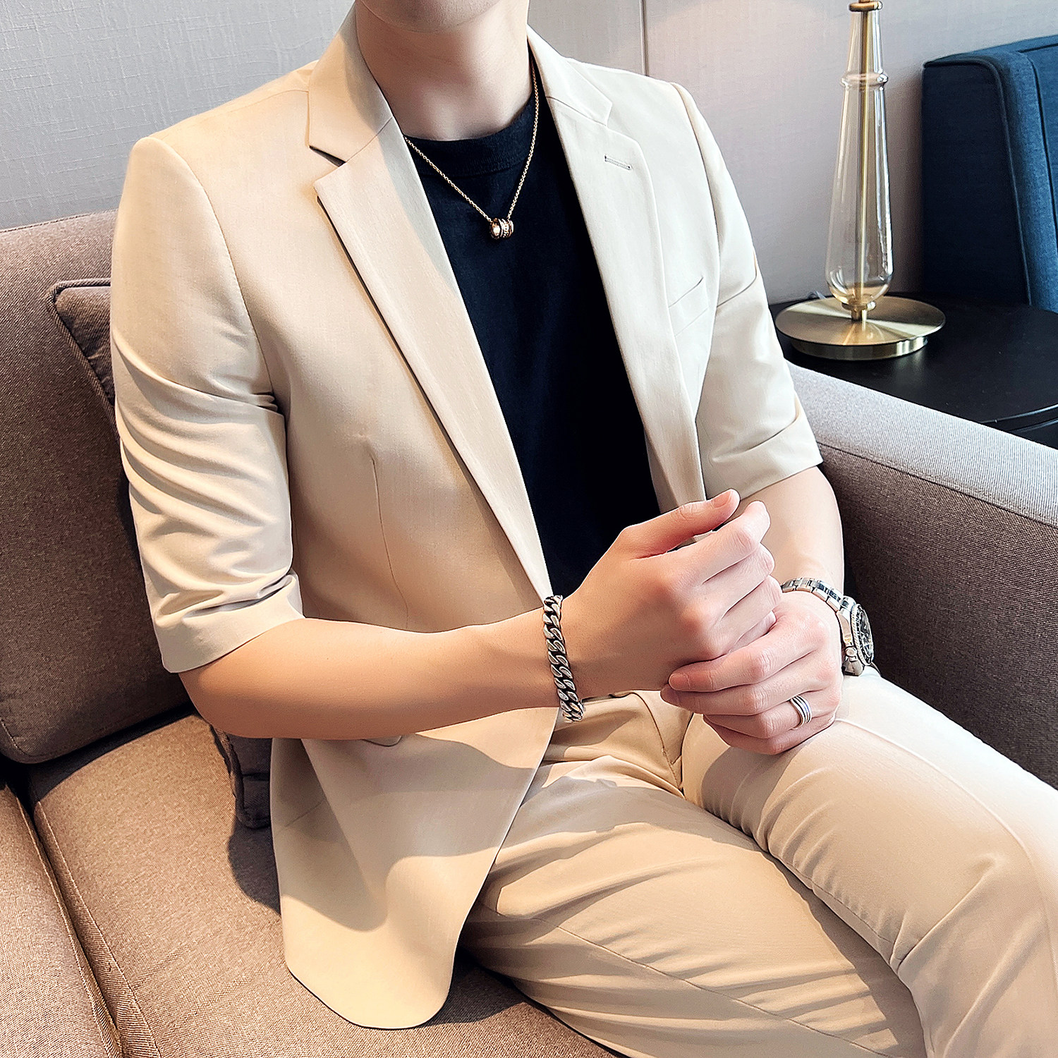 弹力男士修身中袖西装九分裤套装结婚西服ZX002/P210,男装西服套装,电商A428