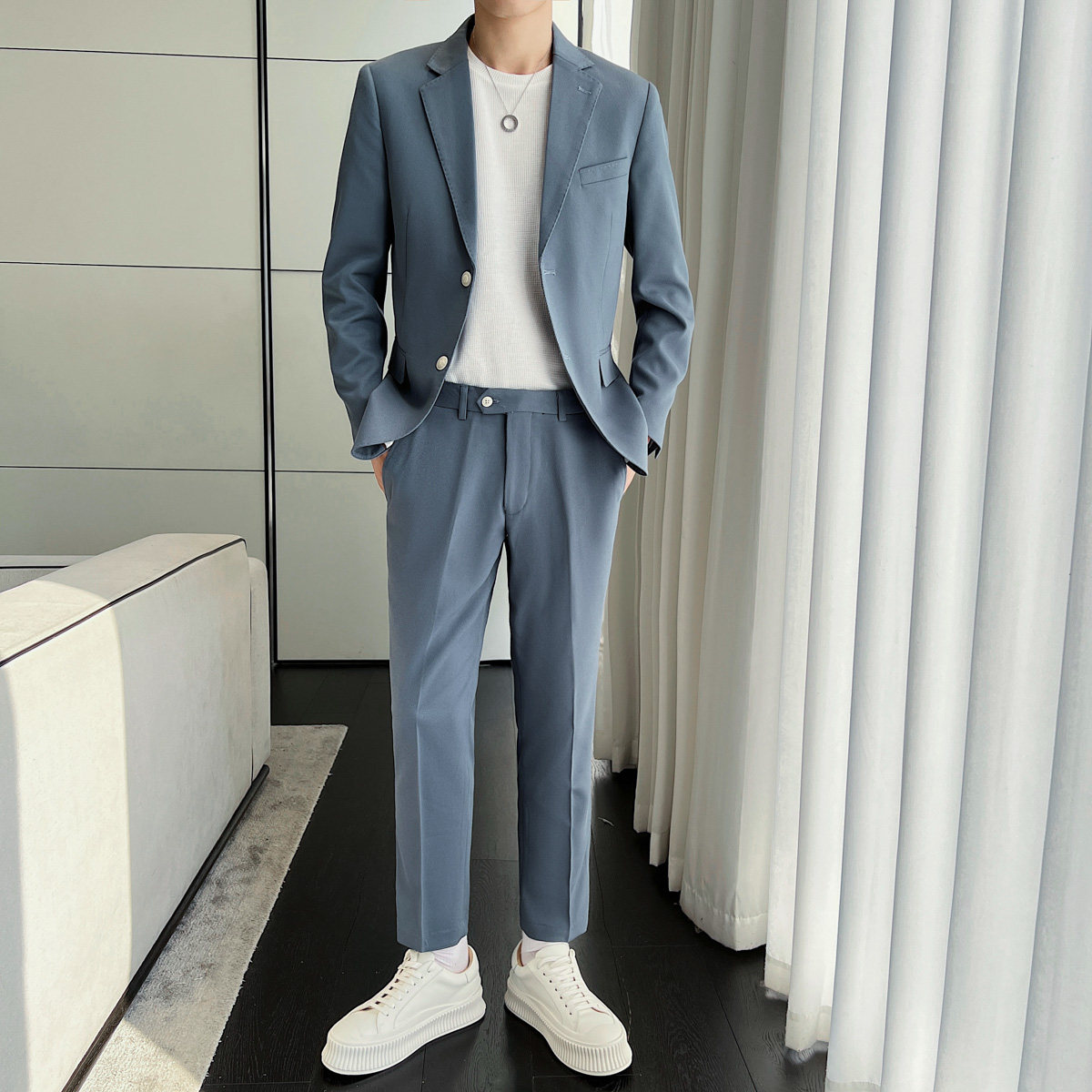 清爽两件套西服套装男士修身休闲橄榄绿套装LJT213/P240,男装西服套装,电商A428