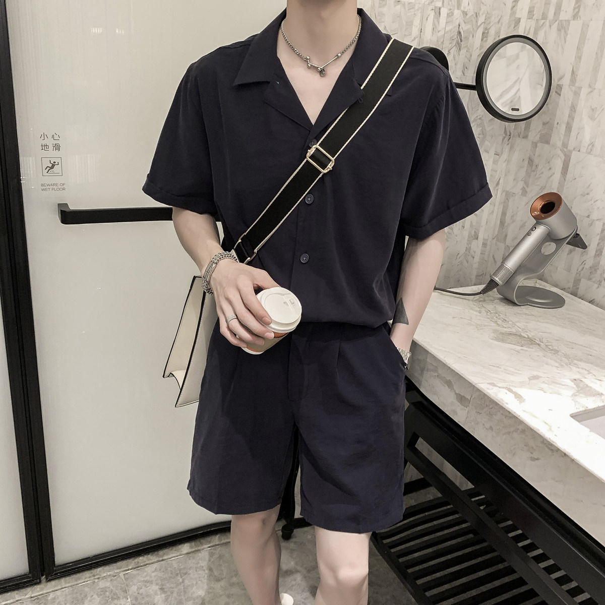 藏青衬衫短裤套装清爽凉快垂感很好TZ612/P150，男装衬衫，电商A428