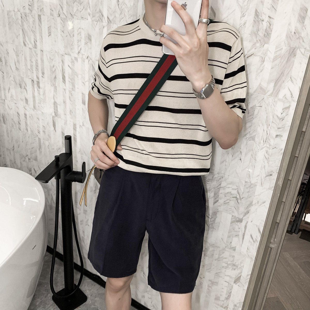 2025新款男生夏日凉爽条纹短袖teeT恤T002/P60,男装T恤,电商A428