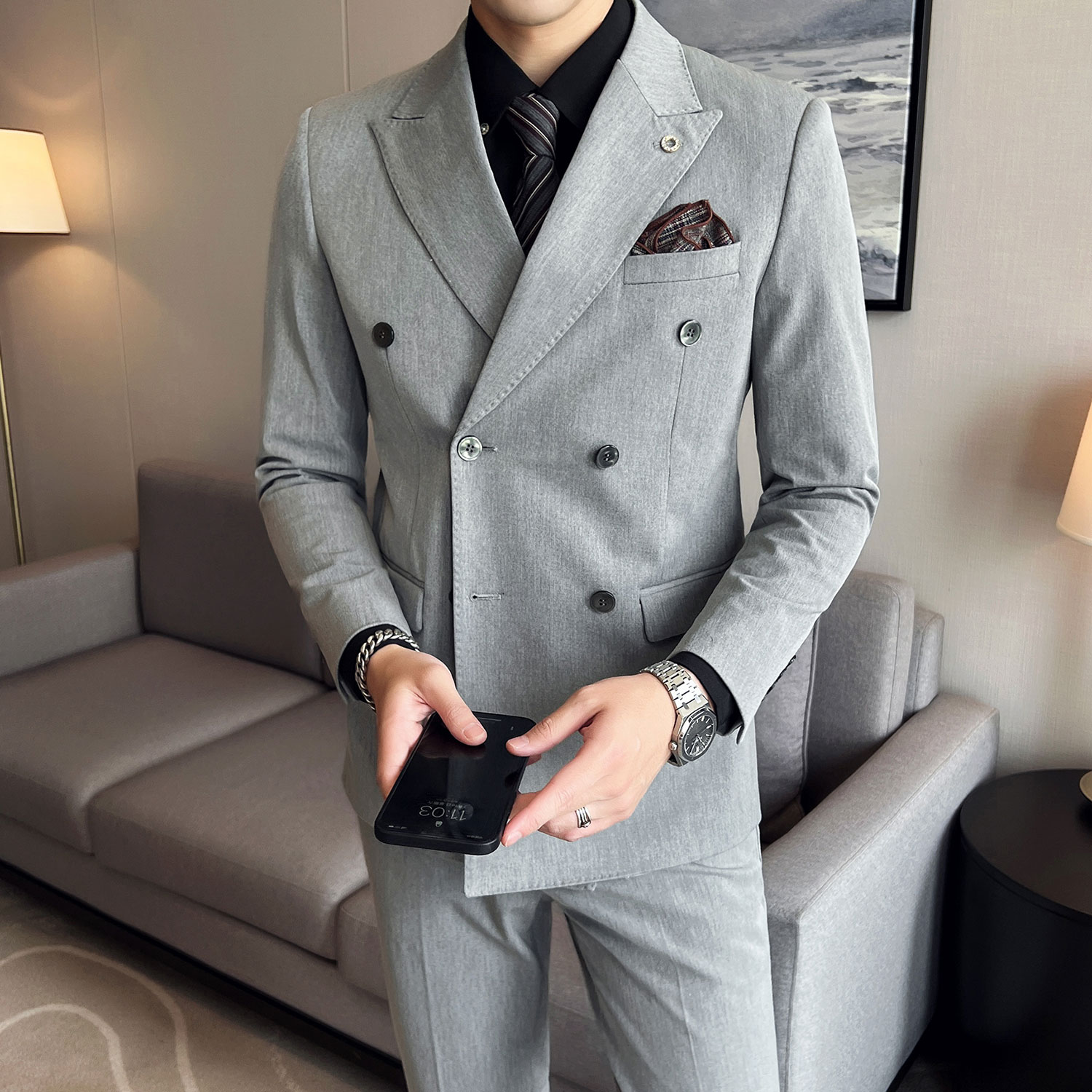 修身弹力面料男士结婚套装双排扣西服职业装SJT007/P280,男装西服,电商A428