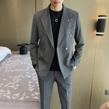 轻熟风男士双排扣套装弹力竖条纹西服主持人三件套SJT005/P310，男装西服，电商A428